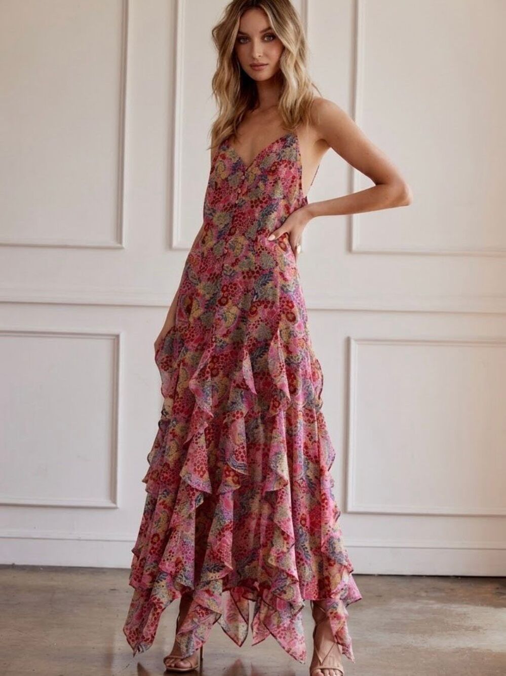 12th Tribe Y2K Fairycore Pink Floral Tiered Handkerchief Maxi Dress Small Boho
